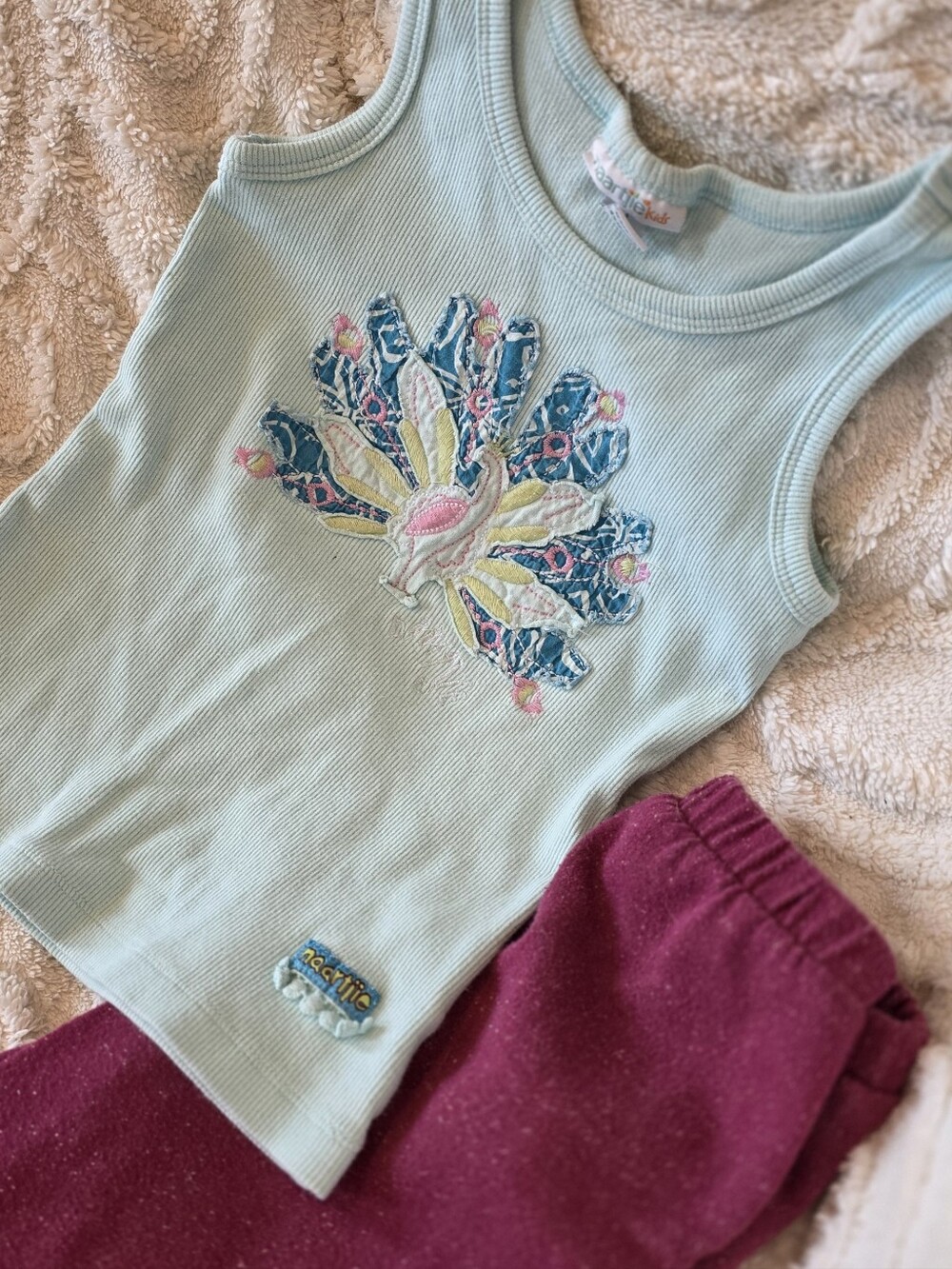 naartjie Light Blue Ribbed Tank with Embroidered Peacock